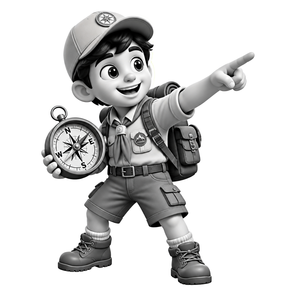 Scout with a compass pointing beginners to the right broker