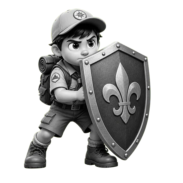 Scout guarding the marketplace with a shield